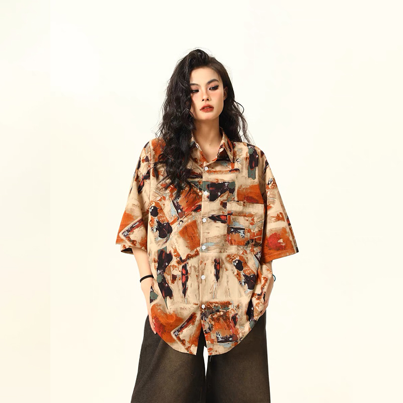 古著感油畫短袖襯衫女美式個性潮牌夏季寬鬆襯衣