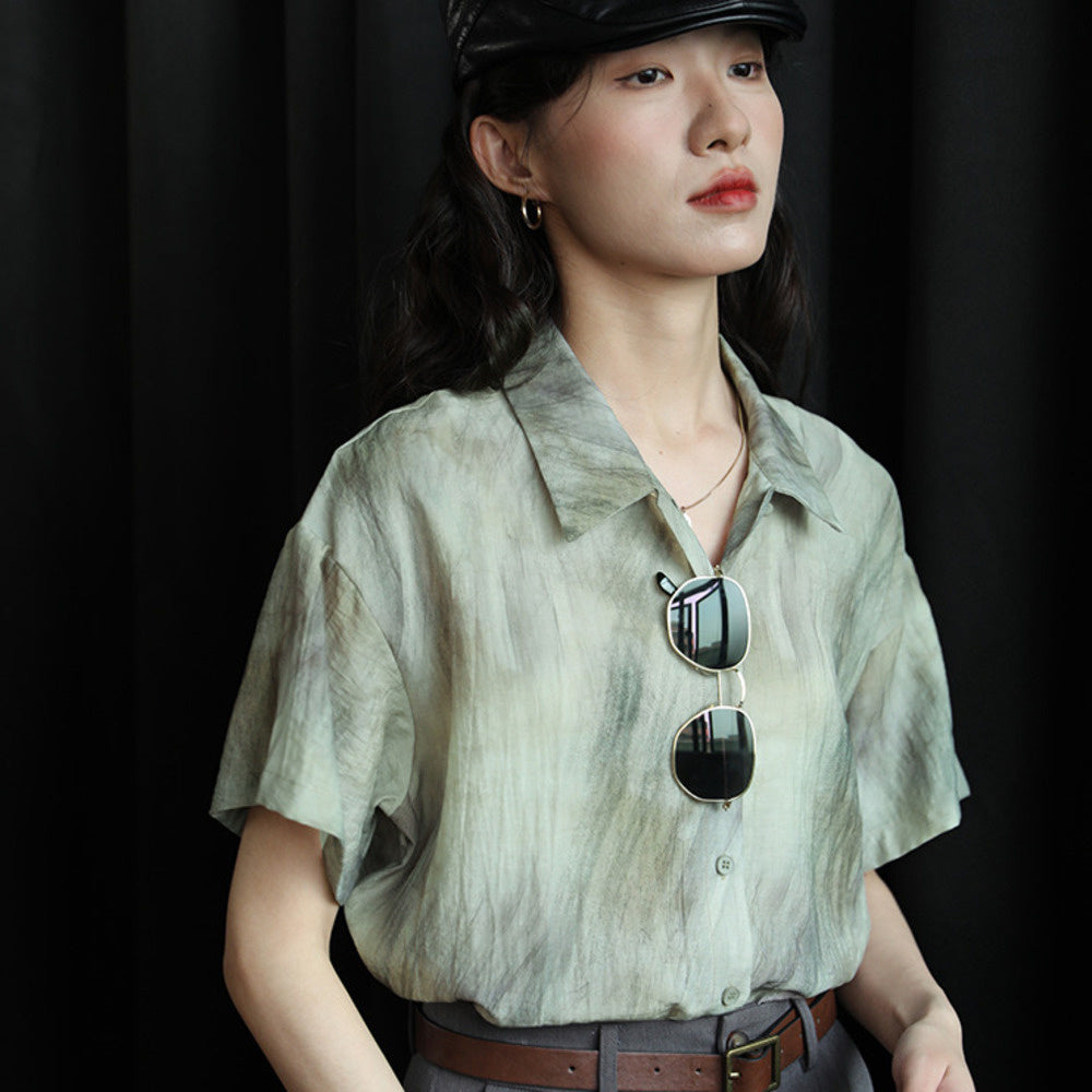 素描氣質襯衣簡約復古設計感短袖襯衫女夏季印花時尚上衣