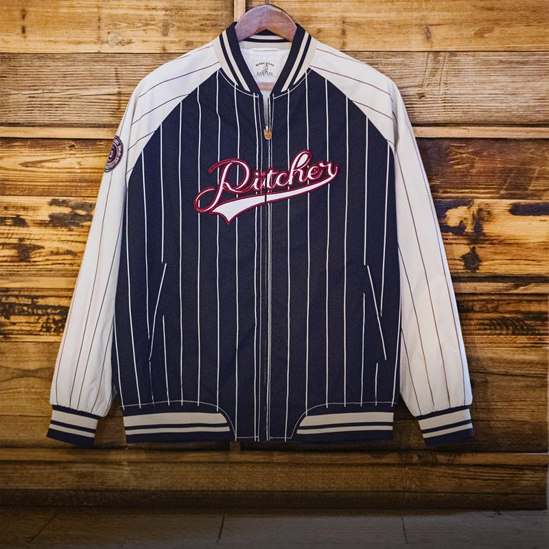 馬登工裝 美式復古條紋棒球夾克字母刺繡徽章撞色拼接休閒外套男春