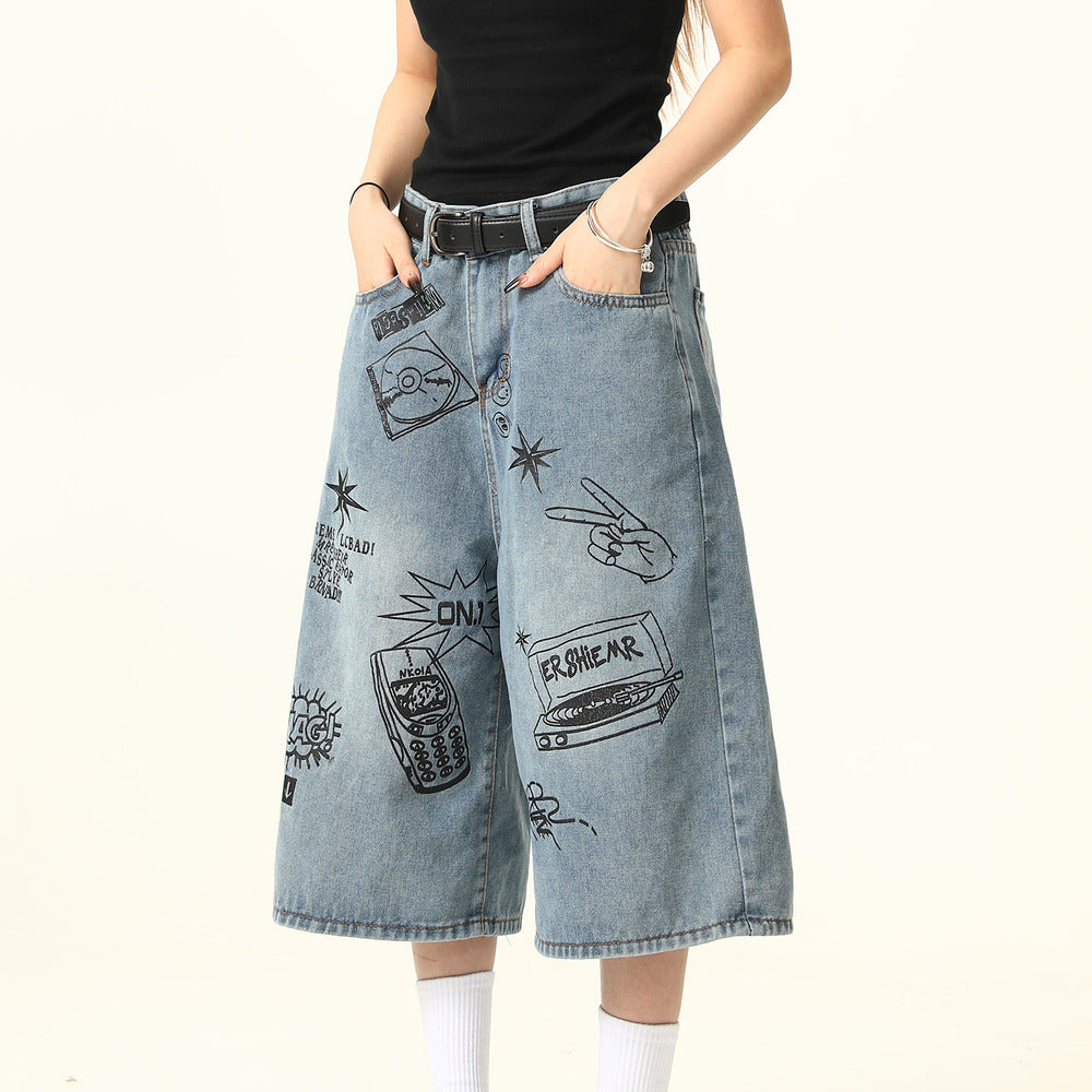 小眾設計感塗鴉字母牛仔短褲男女美式復古潮牌寬鬆七分褲