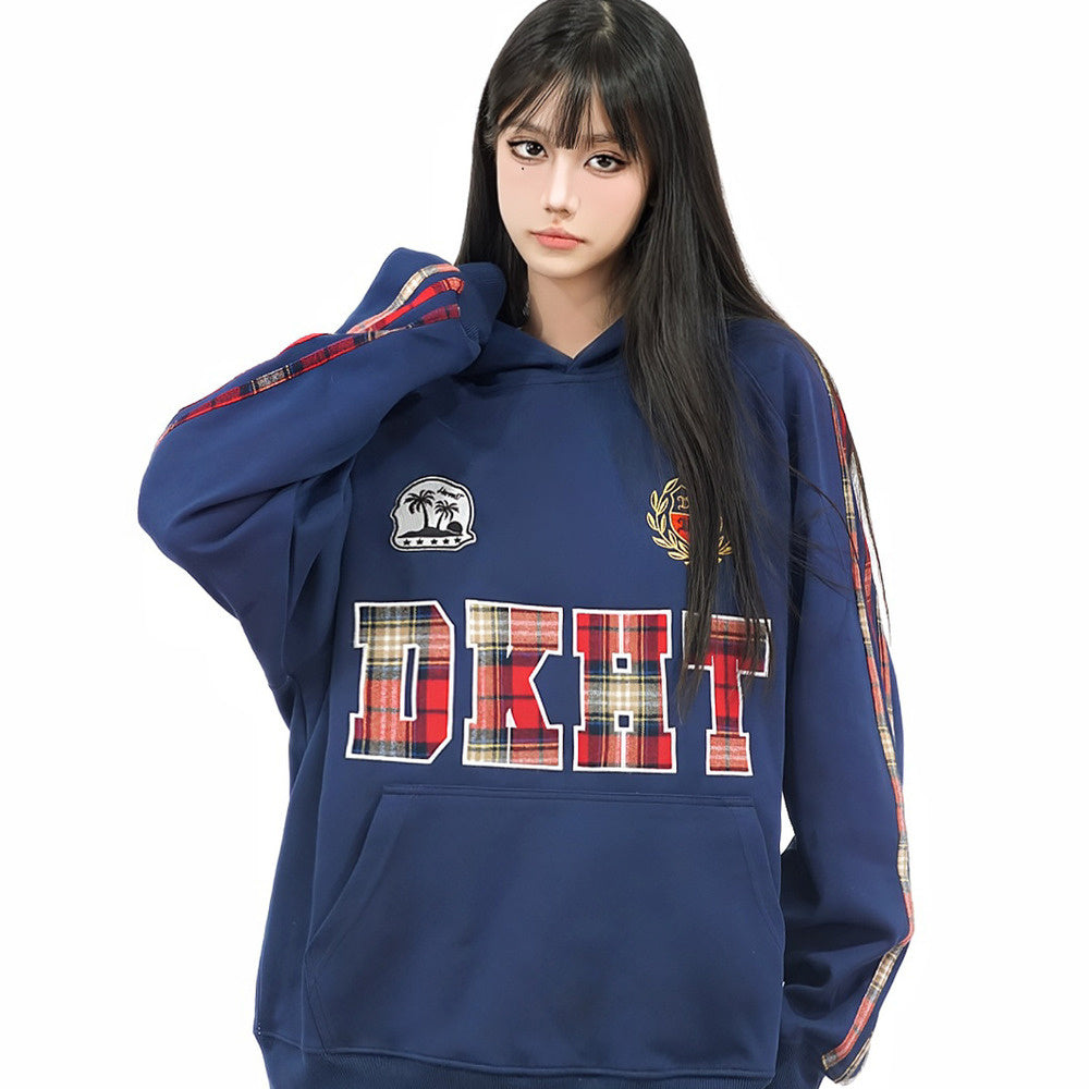 美式復古刺繡連帽衛衣字母條紋格子貼布繡情侶寬鬆秋冬帽衫