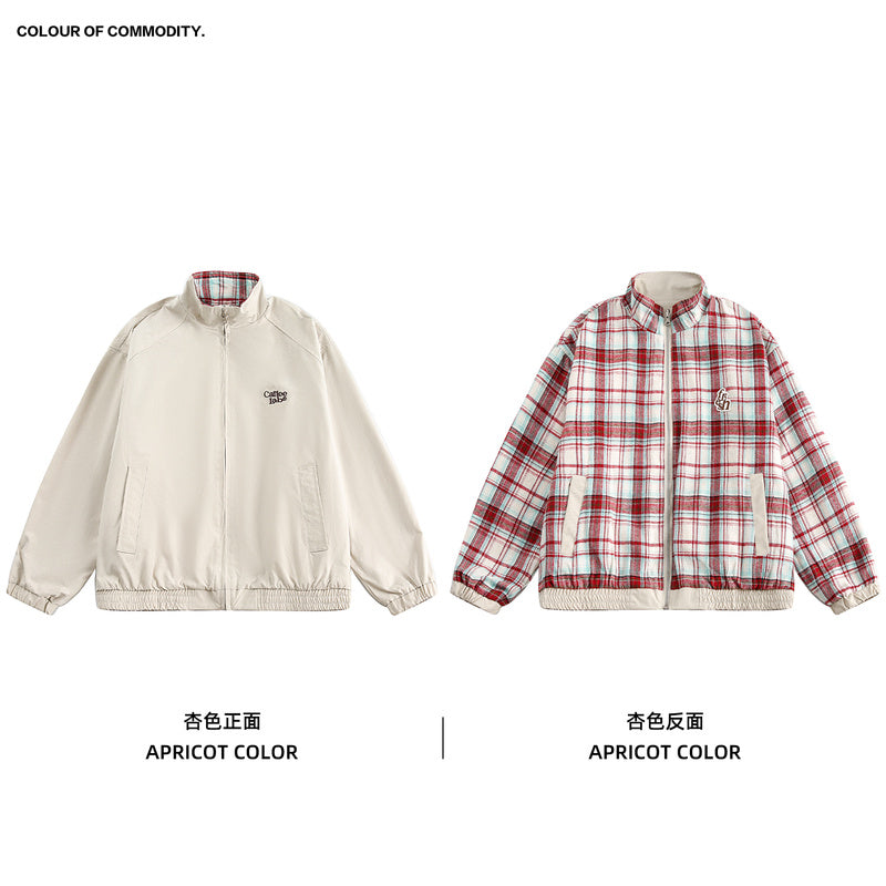 美式復古兩面穿拼接格紋外套學院風立領休閒工裝夾克