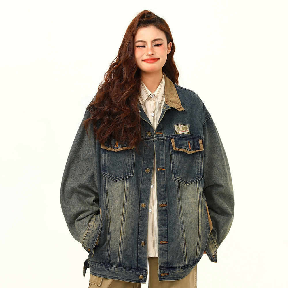 美式復古拼接設計感翻領水洗牛仔外套寬鬆情侶工裝機車夾克