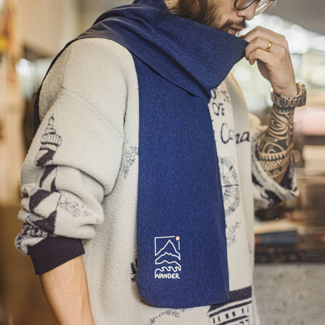 馬登工裝 美式山影藍色印花圍巾保暖長圍脖披肩百搭圍巾秋冬季