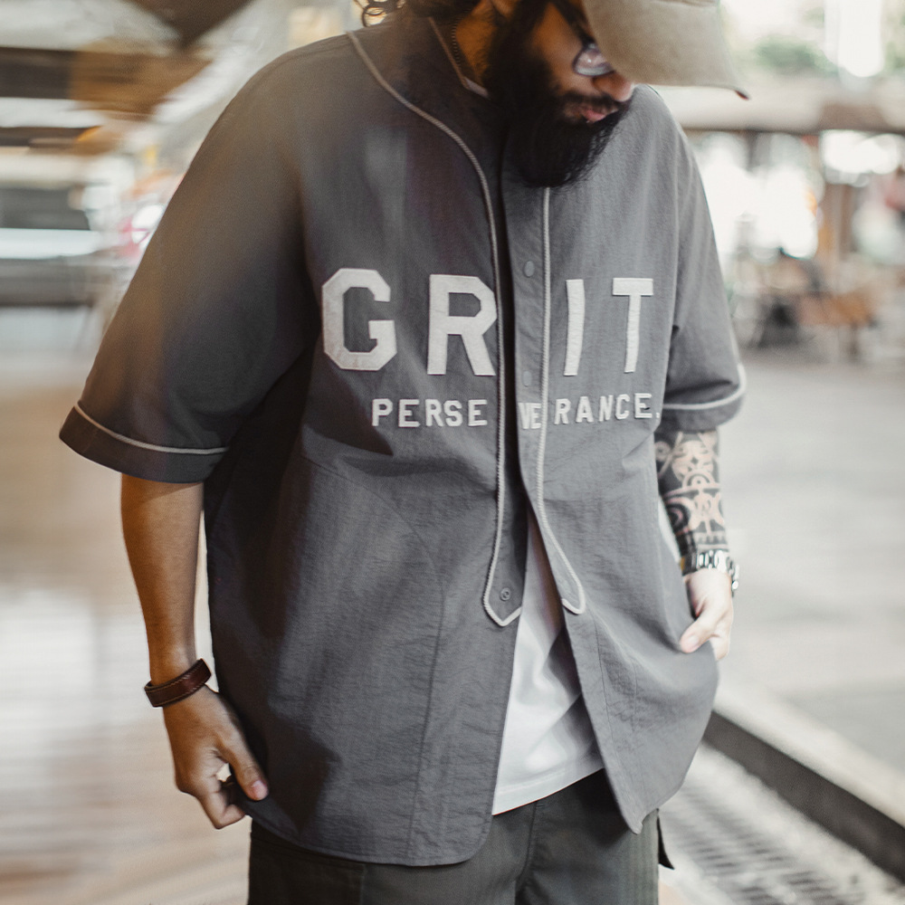 馬登工裝 美式休閒GRIT棒球服貼布繡襯衫日系灰色薄款襯衣男春夏