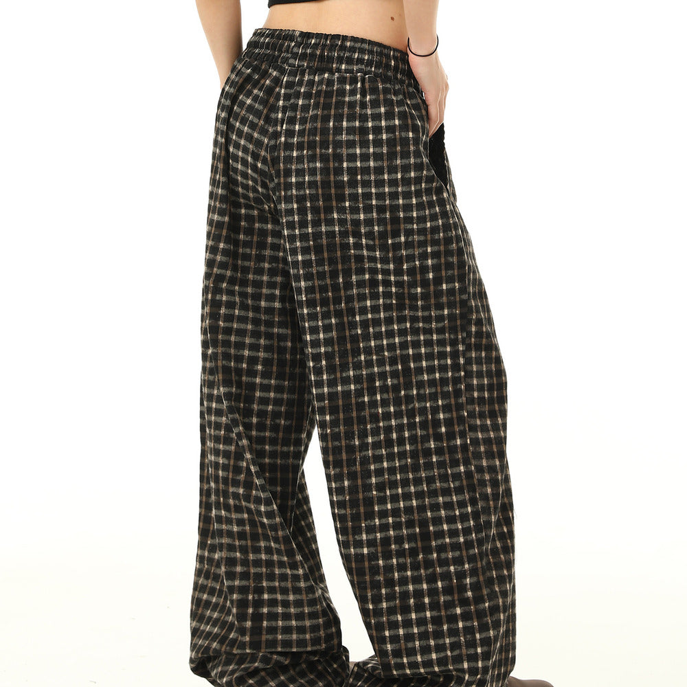 美式復古格子褲寬鬆垂感闊腿休閒褲鬆緊腰抽繩潮牌長褲