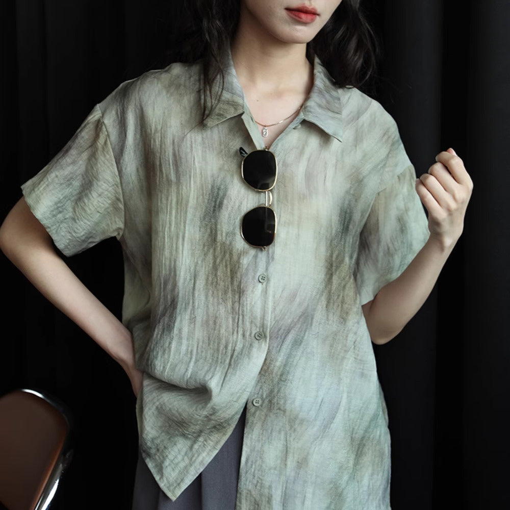 素描氣質襯衣簡約復古設計感短袖襯衫女夏季印花時尚上衣