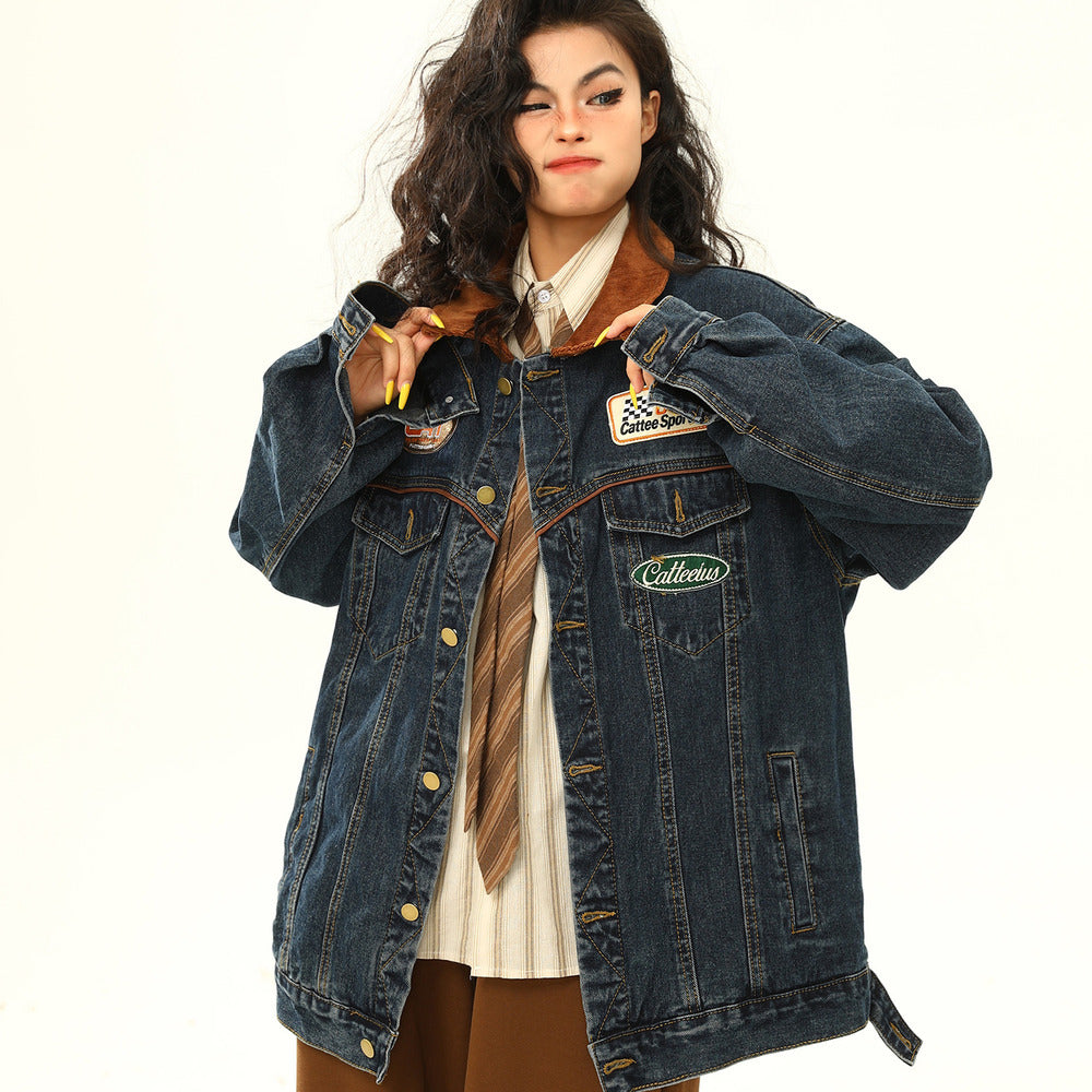 美式復古牛仔外套機車潮牌翻領夾克寬鬆上衣
