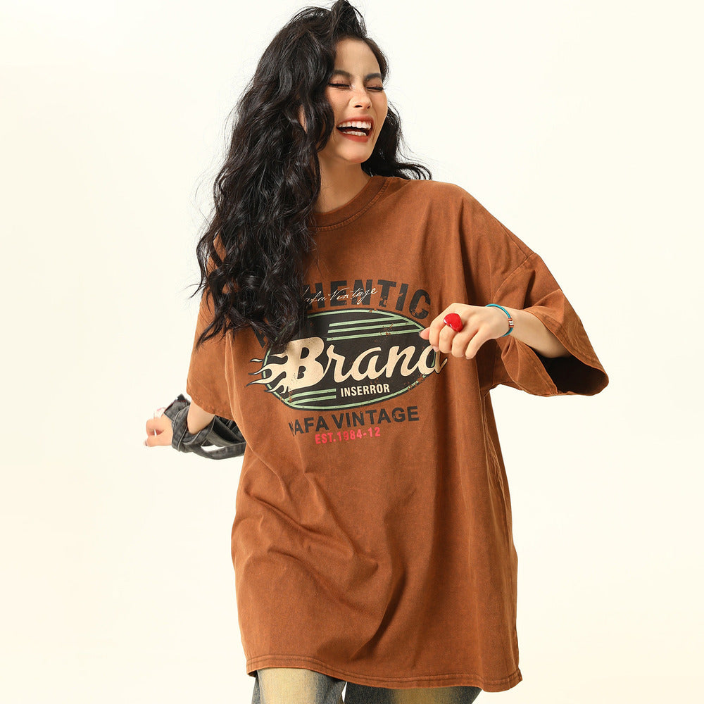 美式復古水洗做舊短袖T恤女高克重Vintage寬鬆潮Tee