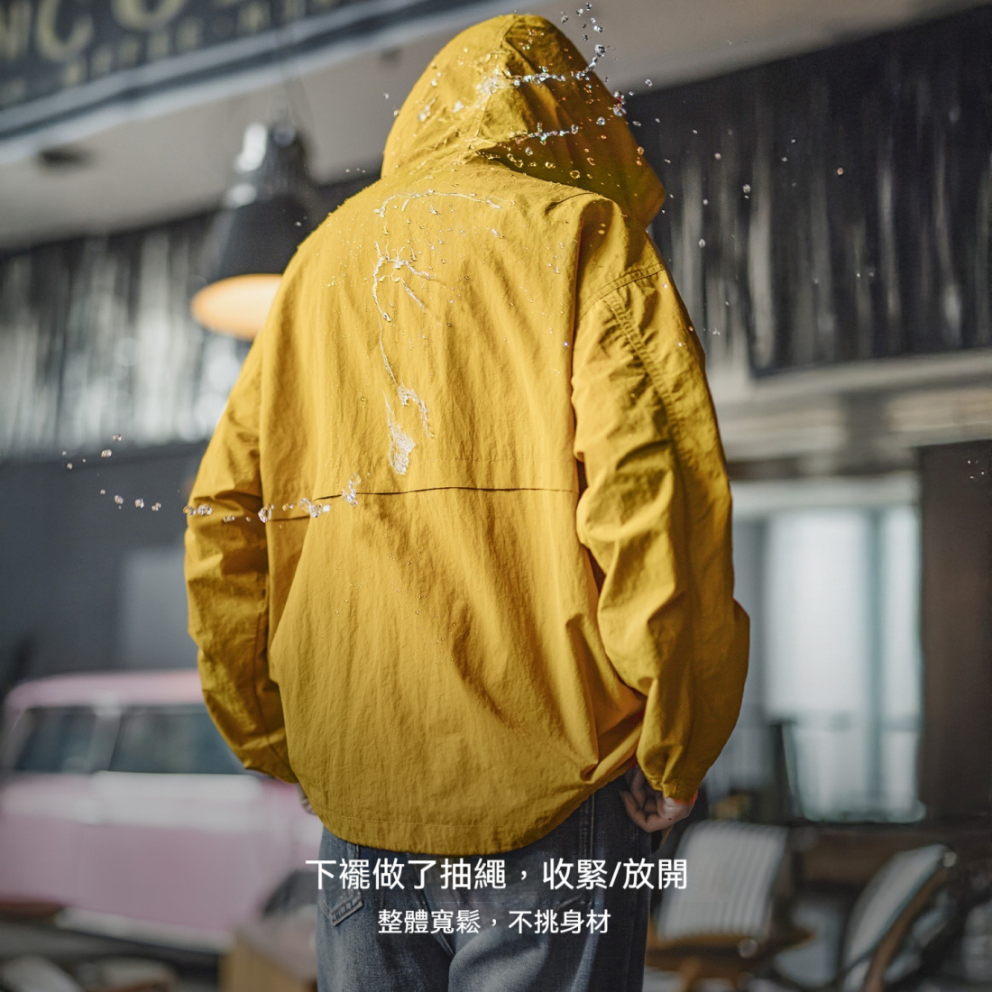 馬登女裝 薑黃色戶外薄款寬鬆梭織連帽抽繩防風工裝夾克休閒外套秋