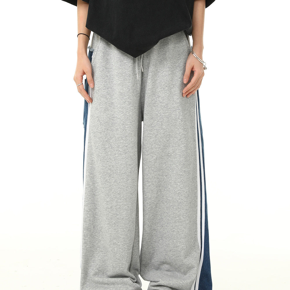 小眾設計感牛仔布拼接寬鬆闊腿休閒褲男女直筒鬆緊腰長褲