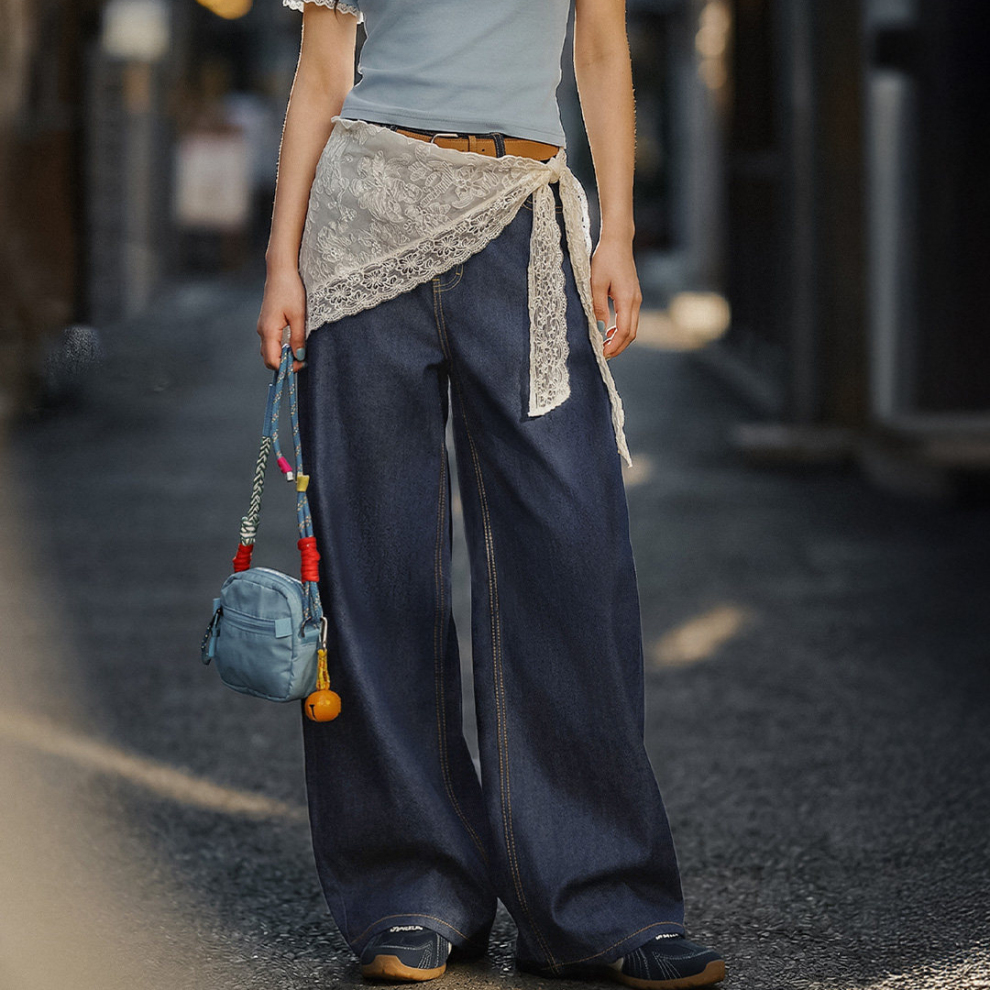 馬登女裝 復古原牛色薄款微彈顯瘦直筒闊腿仿軟牛仔休閒長褲子春夏