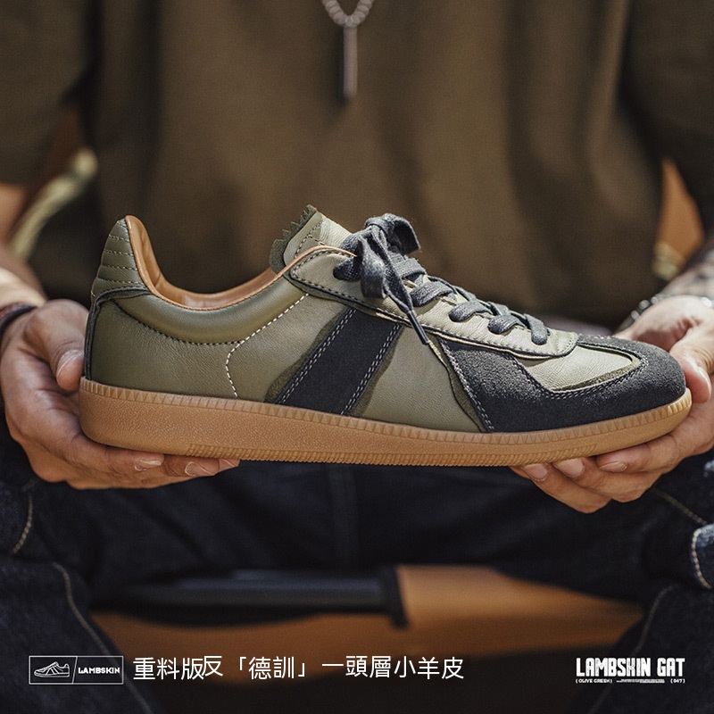 馬登男鞋 復古德訓鞋男款秋季新款低幫板鞋橄欖綠羊皮休閒鞋運動鞋