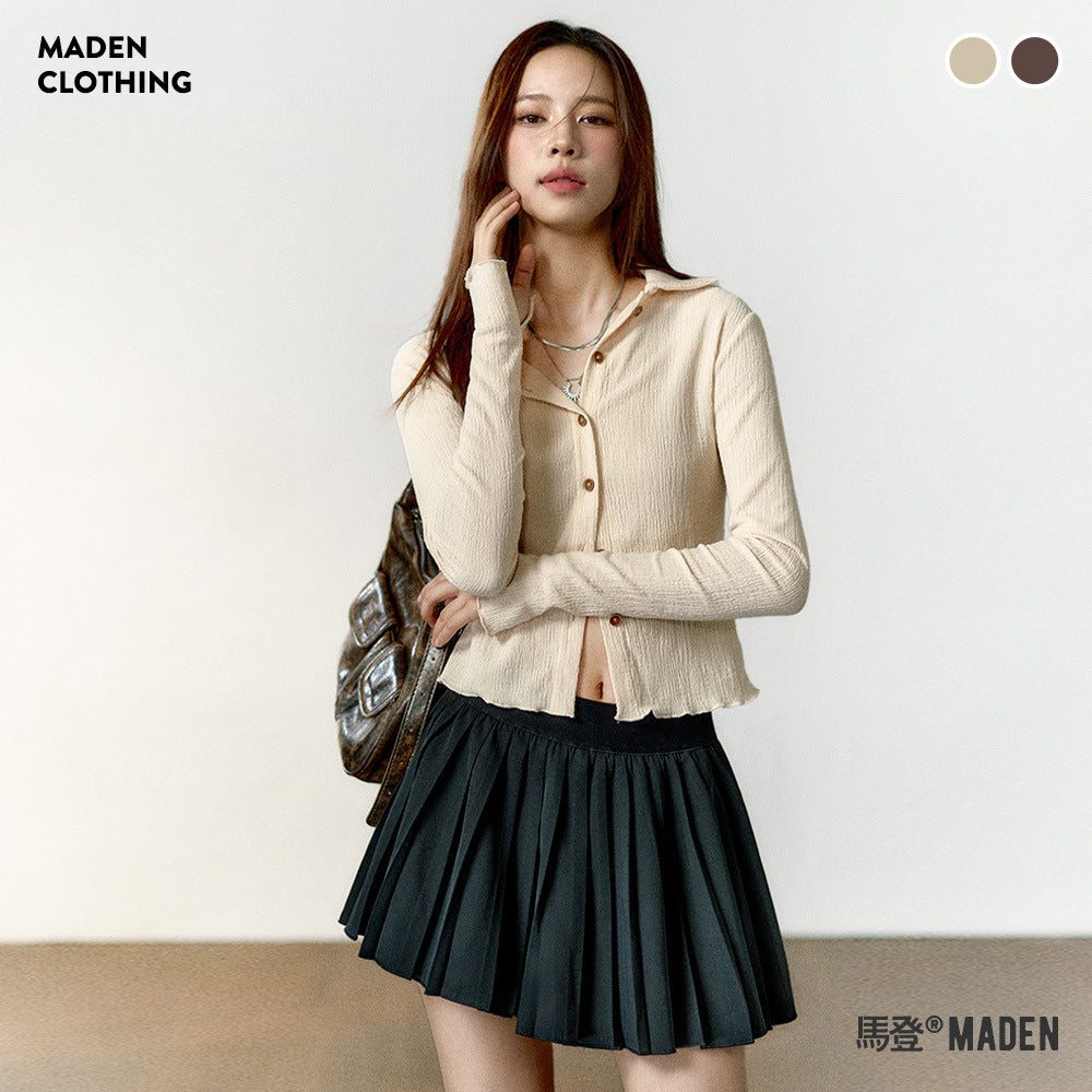 馬登女裝 針織短款外穿開衫美式bm風長袖肌理感彈力修身上衣