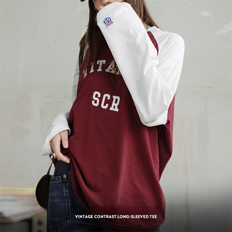 馬登女裝 美式酒紅色插肩長袖衛衣T恤撞色純棉寬鬆打底衫春秋