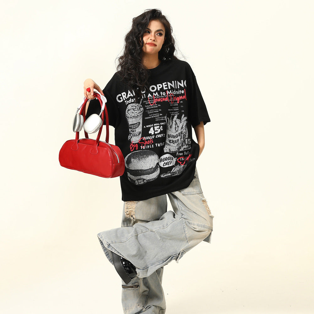 美式復古手繪印花短袖T恤Vintage寬鬆上衣潮