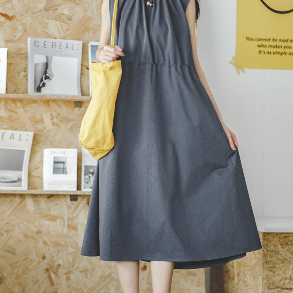 馬登女裝 美式休閒海邊無袖度假連衣裙少女感純色小眾設計長裙