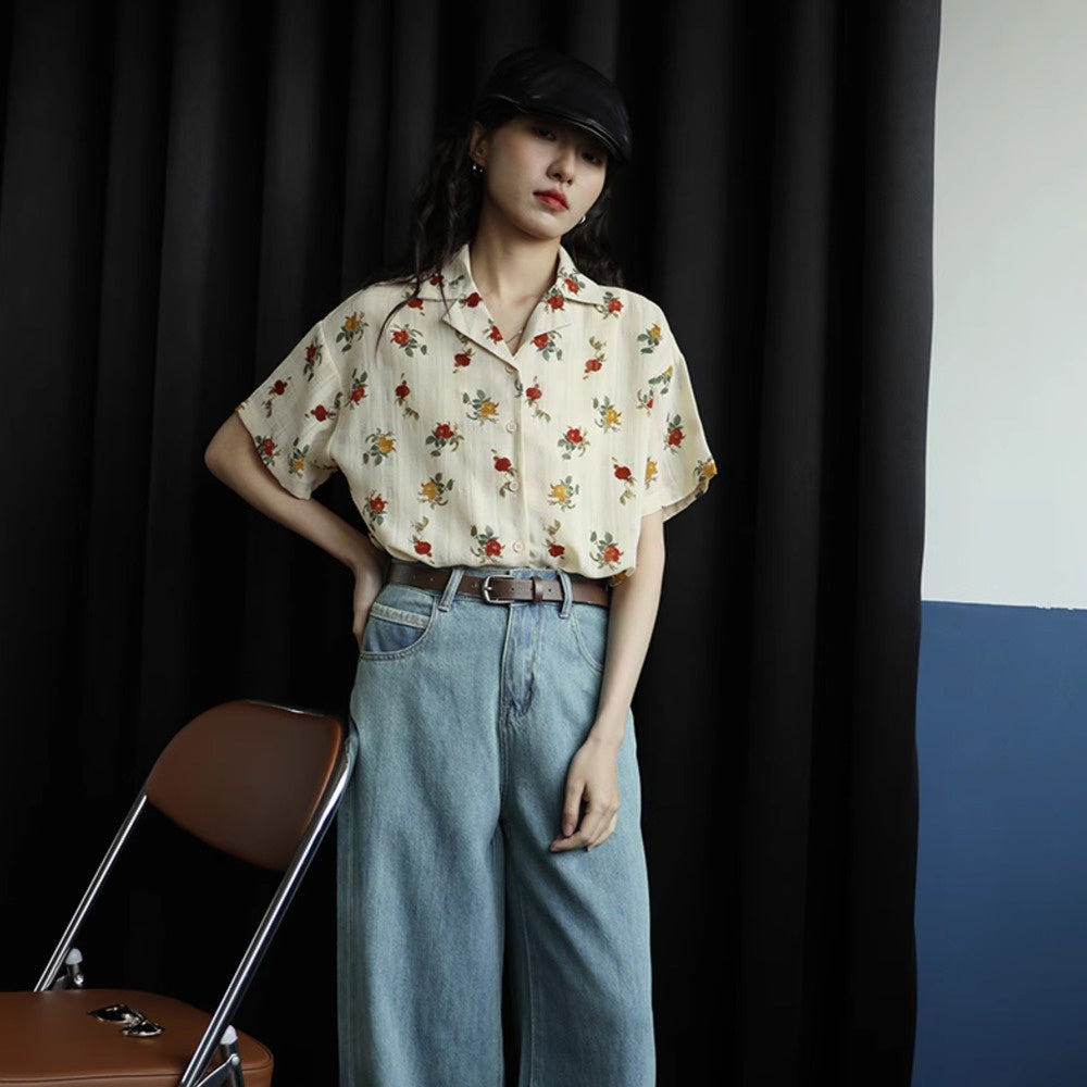 玫瑰花氣質翻領簡約復古港風設計感短袖襯衫女夏季顯瘦上衣