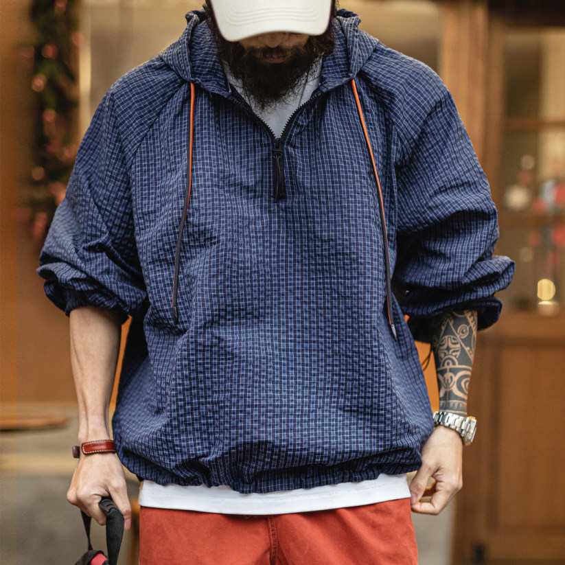 馬登工裝 美式半拉鍊連帽衛衣肌理感泡泡紗藍色戶外薄款外套男春季