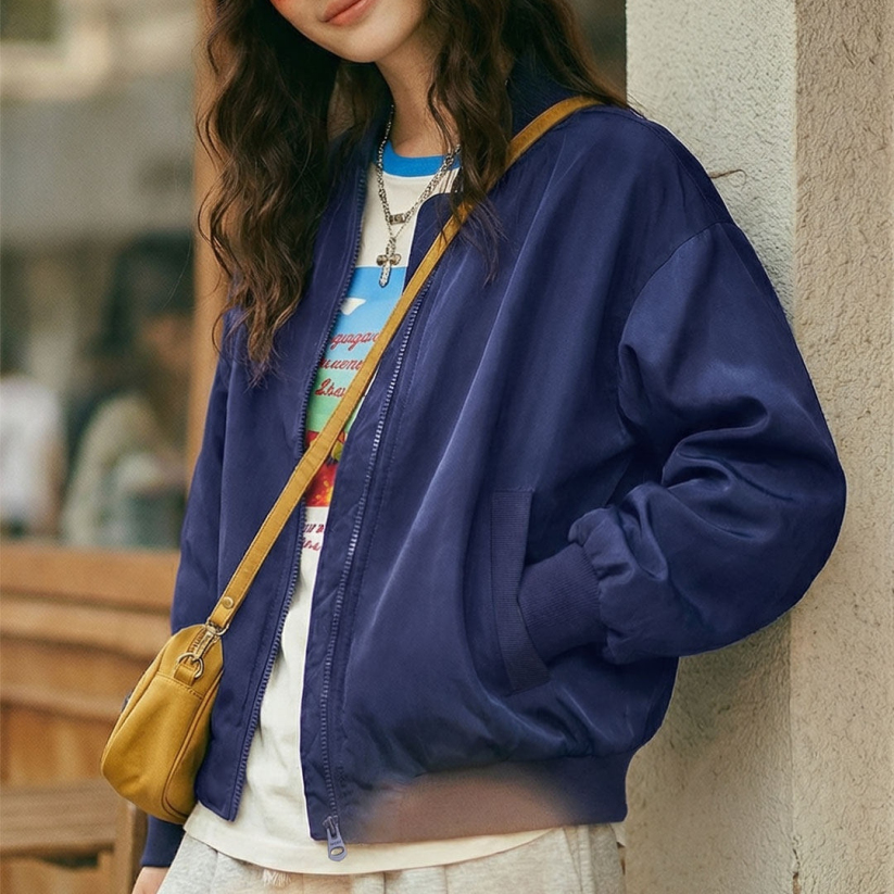 馬登女裝 深藍色美式復古輕薄款飛行員夾克棒球立領休閒工裝外套女士春