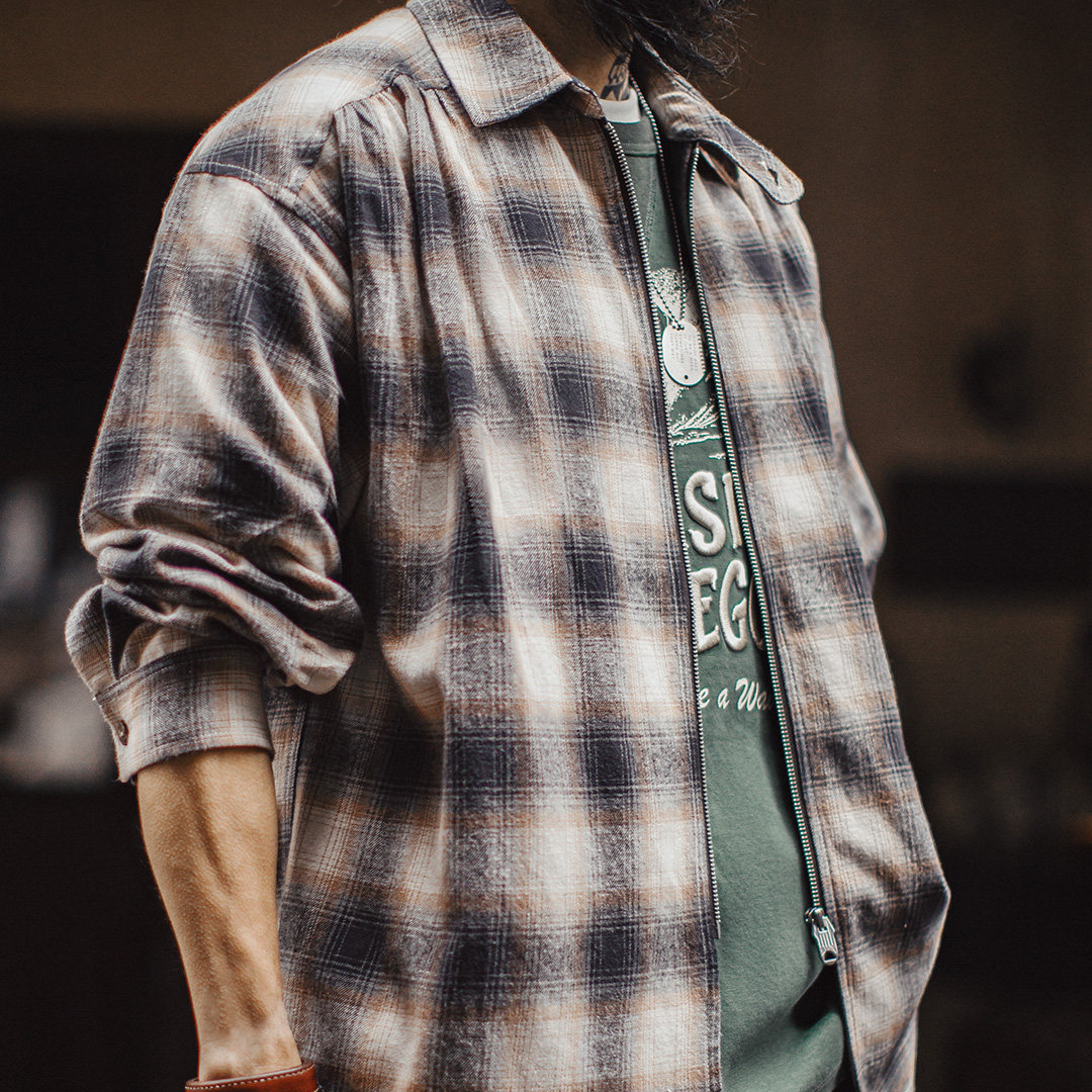 馬登工裝 美式復古格子拉鍊襯衫翻領格紋純棉外套開衫長袖襯衣春秋