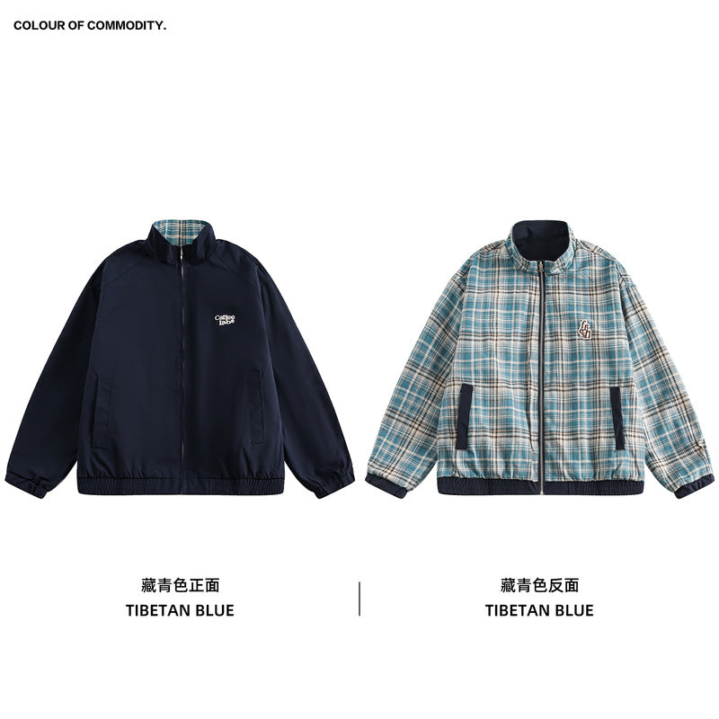 美式復古兩面穿拼接格紋外套學院風立領休閒工裝夾克