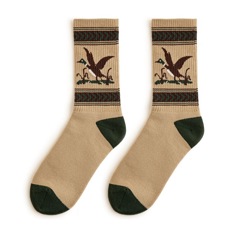 馬登工裝 復古卡通撞色針織中筒襪彈力毛圈棉襪透氣耐磨長襪子秋冬