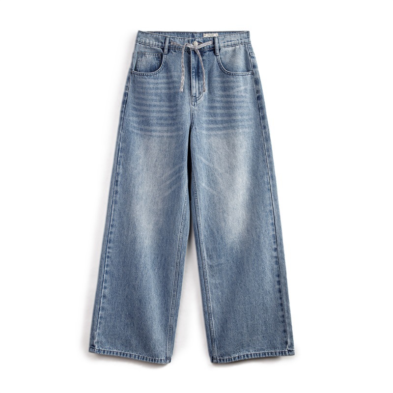 馬登女裝 復古淺藍色闊腿牛仔褲抽繩直筒褲垂感休閒長褲