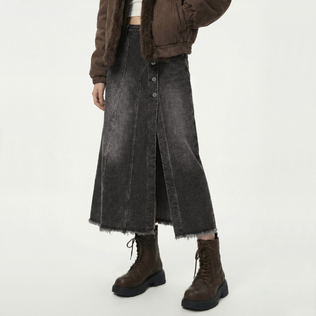 馬登女裝 烟灰色復古開衩牛仔高腰毛邊半身裙顯瘦A字傘中長裙子春