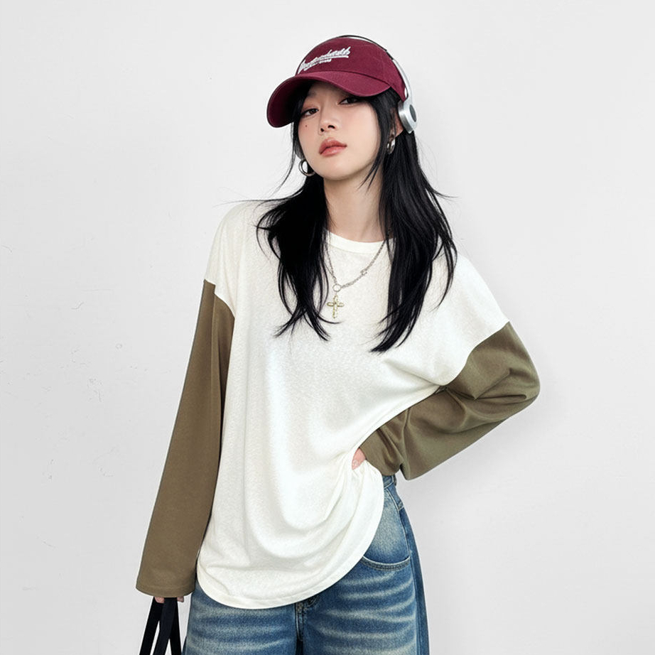 馬登女裝 雪花棉圓領寬鬆輕薄撞色拼接內搭長袖T恤衛衣打底衫上衣女春