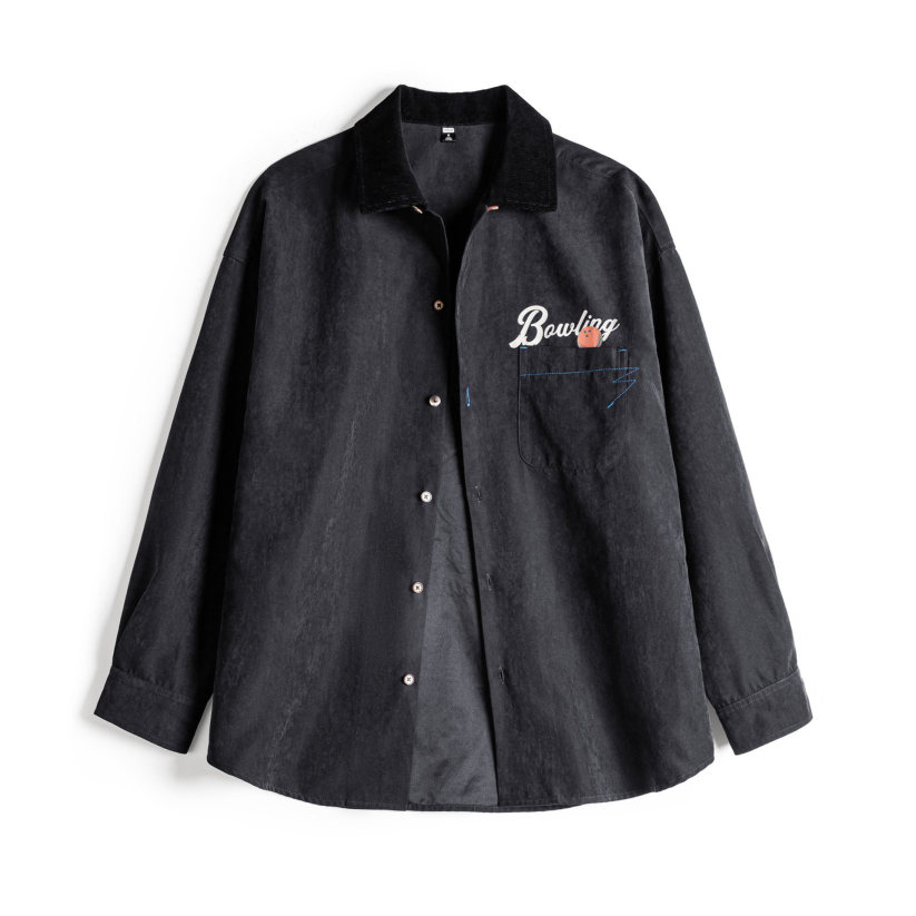 馬登女裝 黑色復古桃皮絨古巴領襯衫印花外套長袖襯衣內搭疊穿女士春