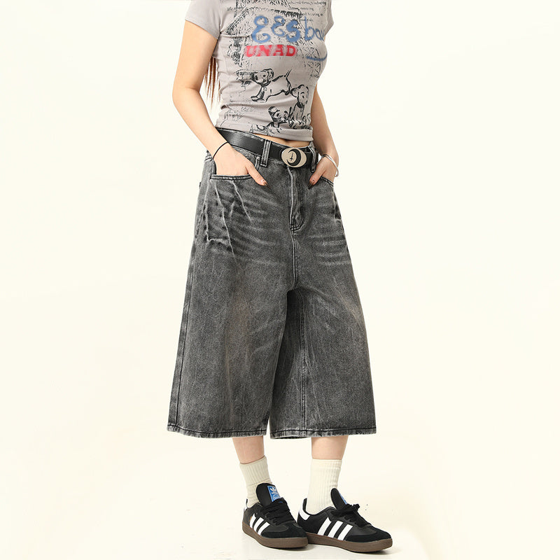 水洗做舊高街七分牛仔褲夏季復古直筒中褲閃電紋潮牌七分褲