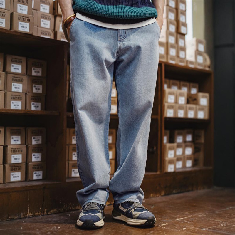 馬登工裝 美式復古水洗藍丹寧牛仔褲純棉毛邊直筒休閒老爹長褲男秋