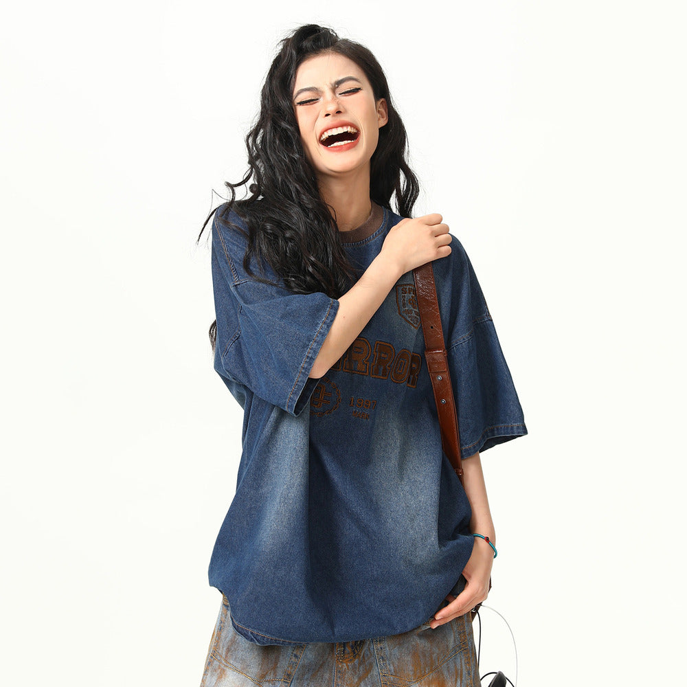 美式復古重工刺繡水洗牛仔短袖T恤女寬鬆夏半袖情侶上衣