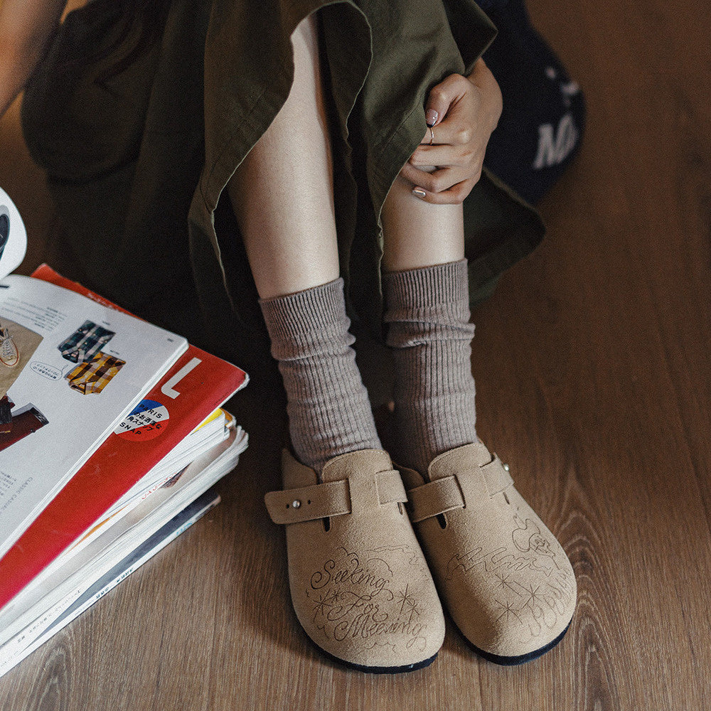 馬登女裝 插畫版穆勒鞋室外軟木休閒包頭凉拖鞋外穿釣魚懶人厚底鞋