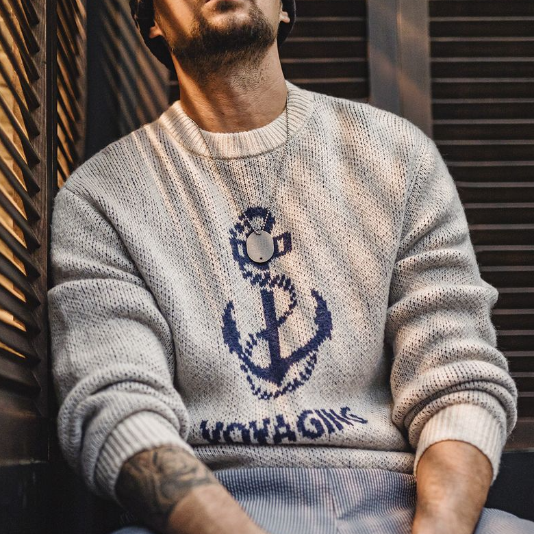馬登工裝 美式復古針織船錨提花毛衣vintage套頭圓領打底衫秋冬