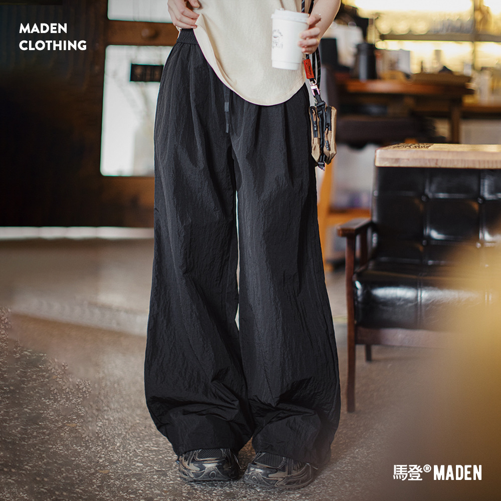 馬登女裝 夏季黑色鬆弛感休閒褲寬鬆工裝褲闊腿顯瘦抽繩束脚長褲
