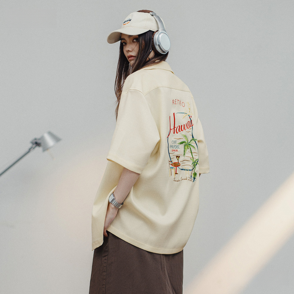 馬登女裝 夏威夷刺繡襯衫設計感寬鬆休閒T恤美式復古短袖襯衣夏季