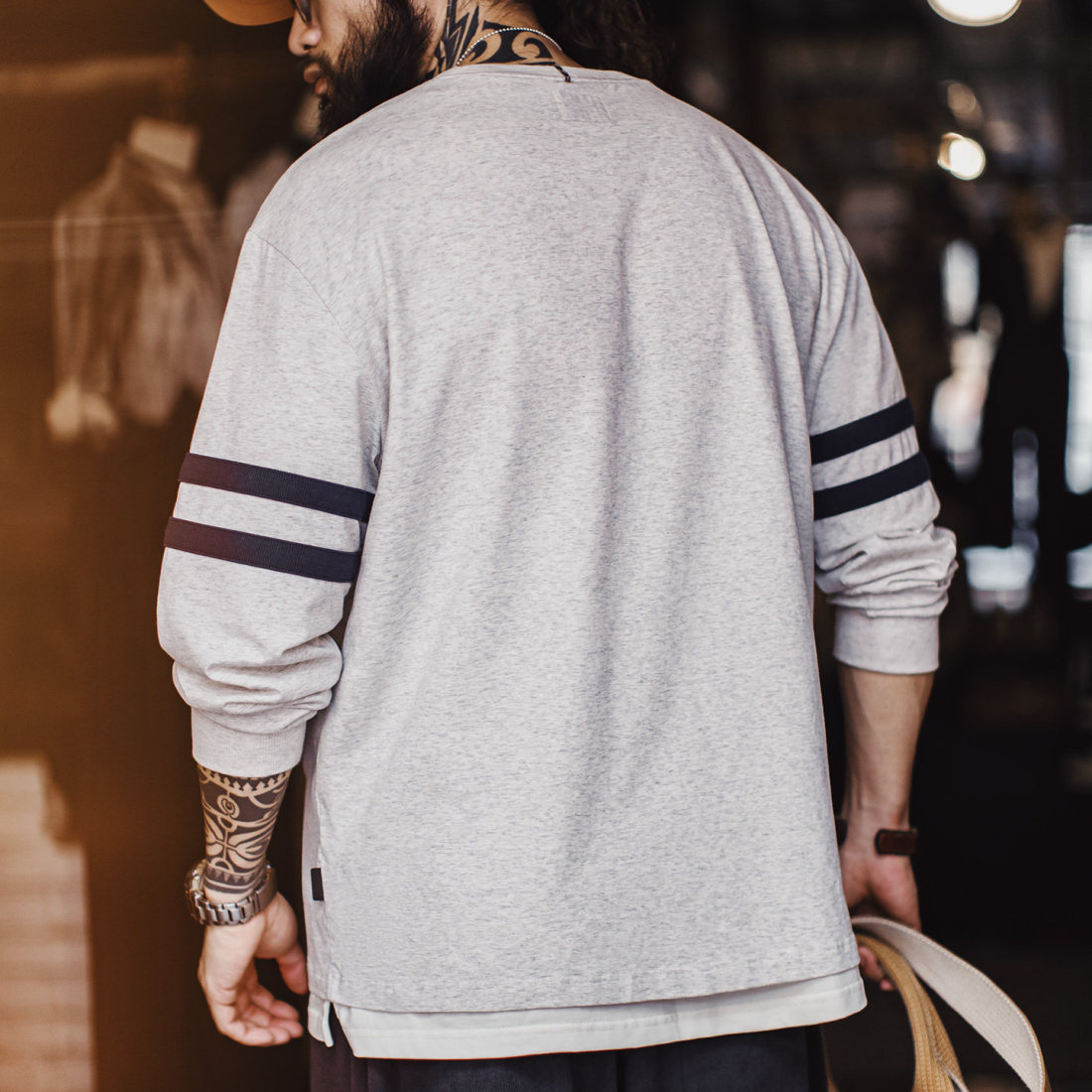 馬登工裝 美式條紋刺繡圓領衛衣灰色正肩通勤長袖T恤男春秋