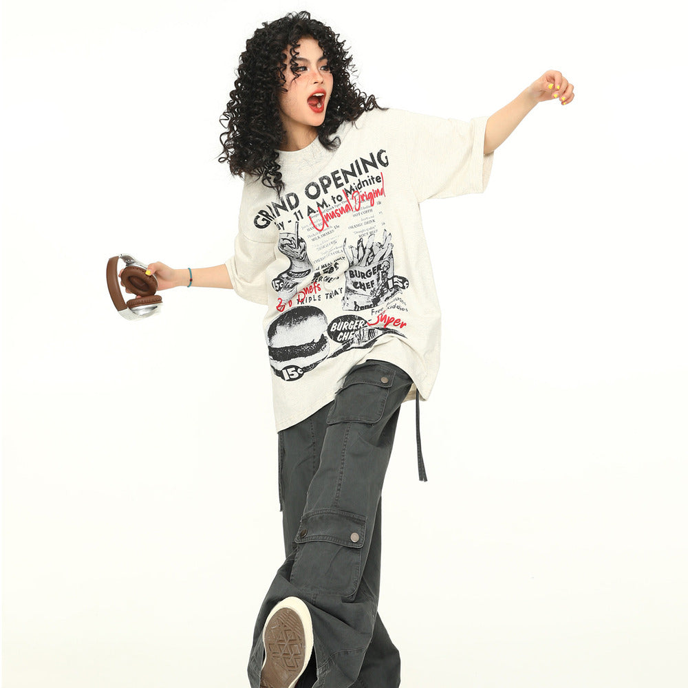 美式復古手繪印花短袖T恤Vintage寬鬆上衣潮