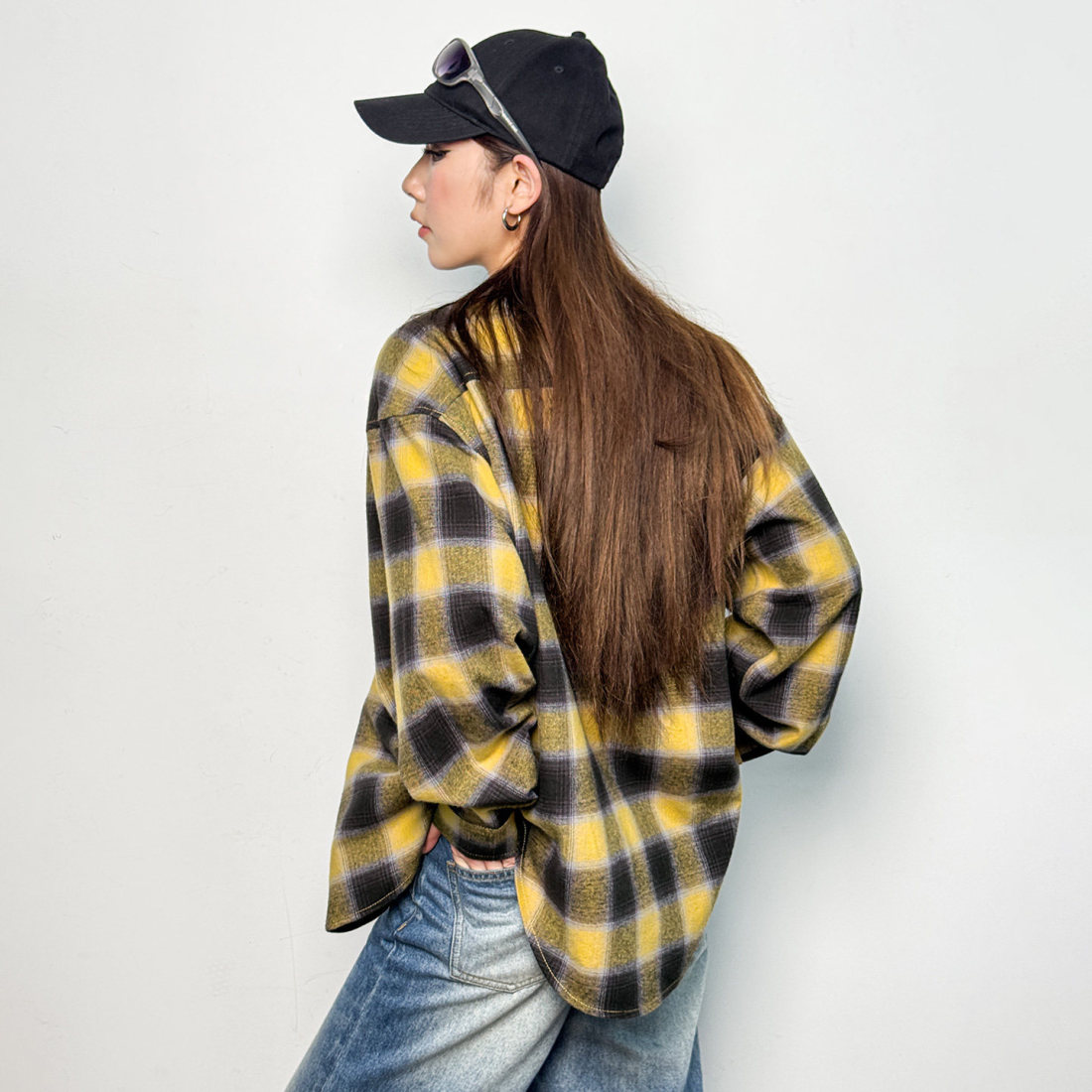 馬登女裝 復古寬鬆翻領純棉磨毛格子紋長袖襯衫薄款夾克外套上衣春