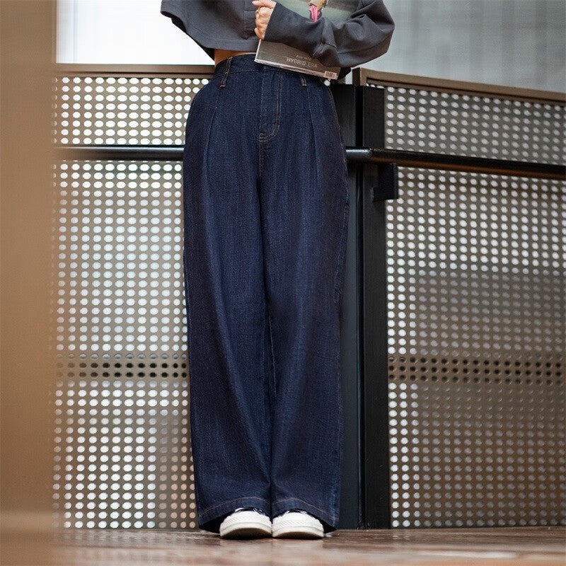 馬登女裝 美式復古水洗藍牛仔闊腿褲直筒休閒高腰顯瘦瀑布褲