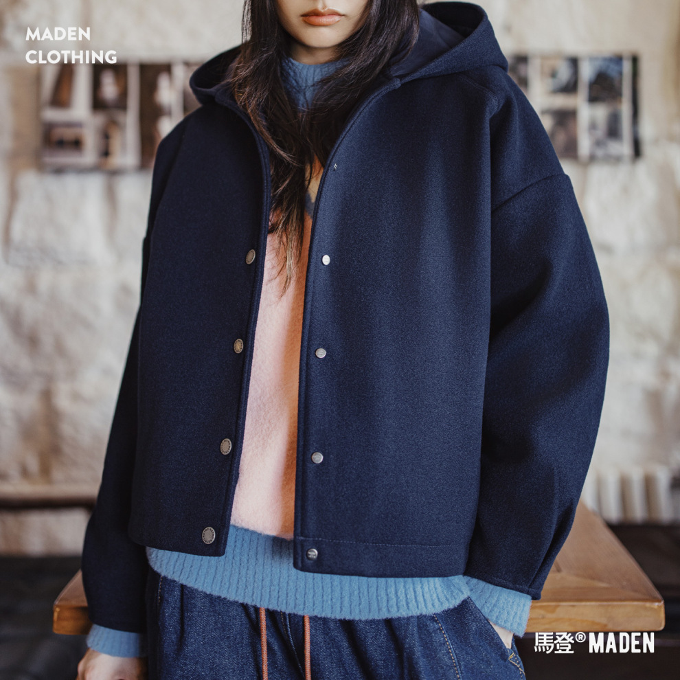 馬登女裝 復古藏青色收腰休閒加厚防風連帽毛呢呢子外套開衫上衣女秋冬
