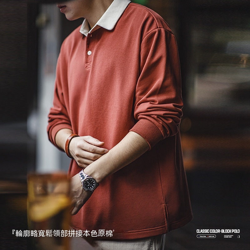 馬登工裝 美式復古針織撞色Polo衛衣學院風寬鬆翻領長袖上衣