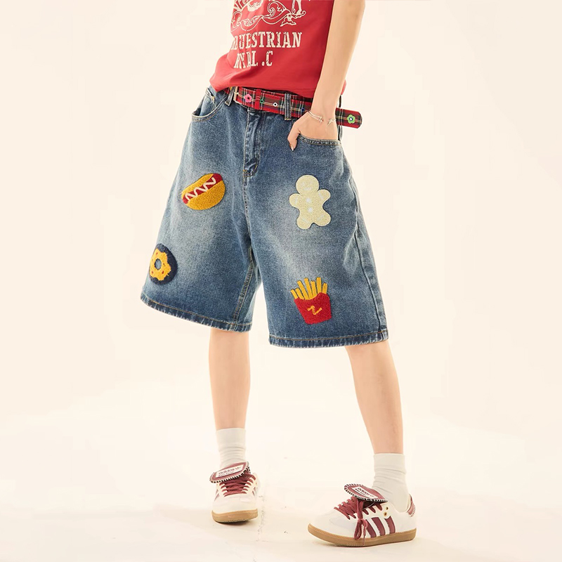 美式街頭做舊創意毛巾繡牛仔短褲男女潮牌高街直筒五分褲
