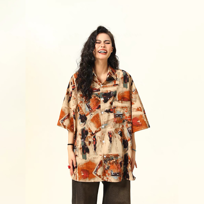 古著感油畫短袖襯衫女美式個性潮牌夏季寬鬆襯衣