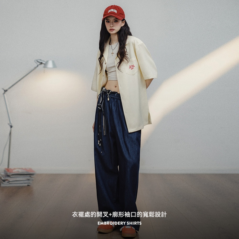 馬登女裝 夏威夷刺繡襯衫設計感寬鬆休閒T恤美式復古短袖襯衣夏季