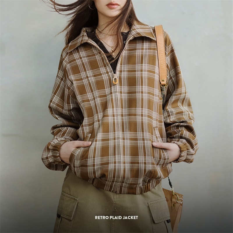 馬登女裝 美式復古格紋夾克設計感撞色翻領外套休閒寬鬆百搭上衣春秋