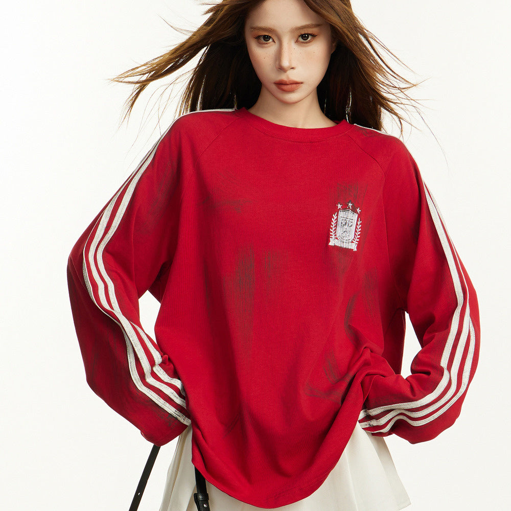 美式條紋套頭衛衣秋季噴漆設計感寬鬆機車風Oversize情侶上衣