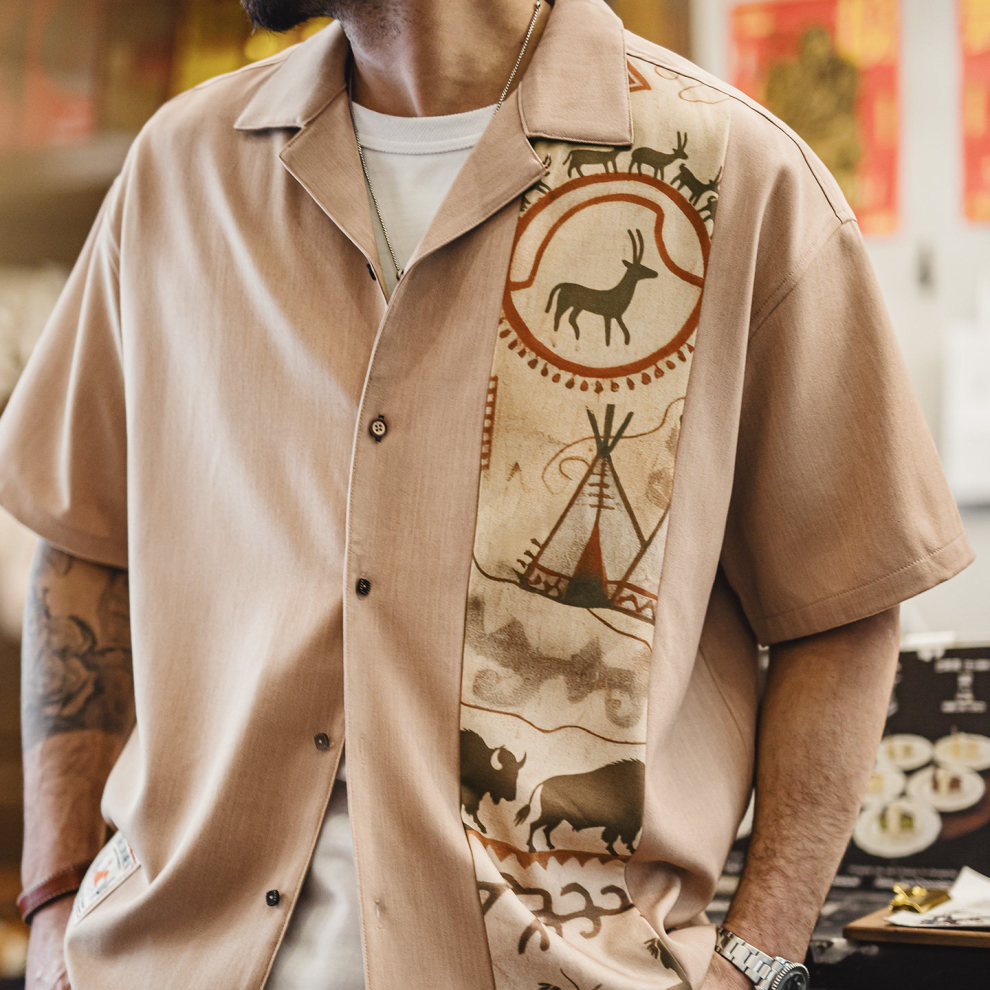 馬登工裝 美式復古印花古巴領襯衫印第安薄款短袖棉襯衣外套男士夏
